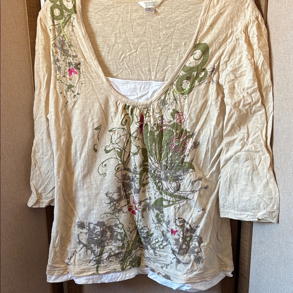 FINAL MARKDOWN Christopher and banks Cream and Green Floral Long Sleeve Top xl